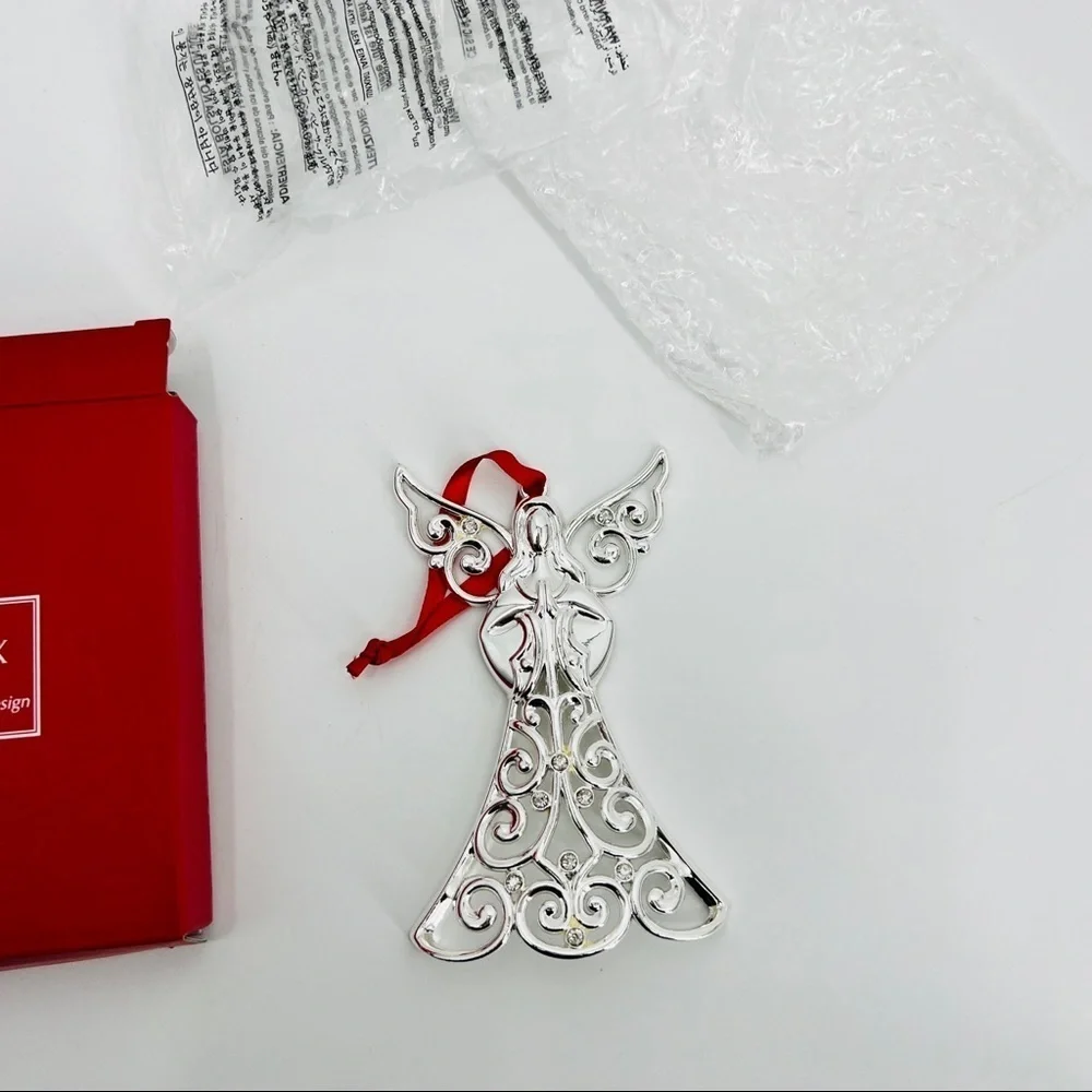 LENOX Sparkle and Scroll Clear Crystal Silver-plated Angel Ornament 5” Ribboned